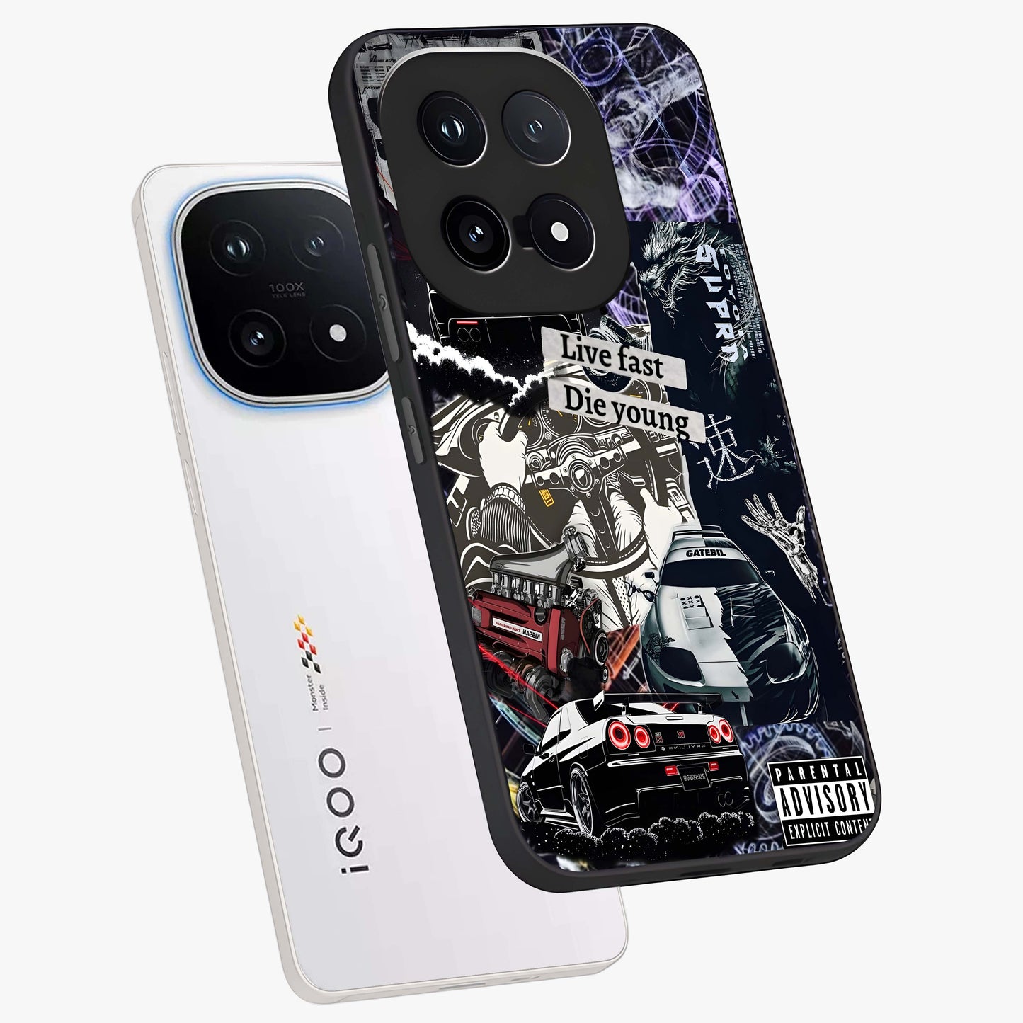 Die Young Glass Case displayed in angled mockup highlighting expressive graphic artwork with edgy aesthetic style.