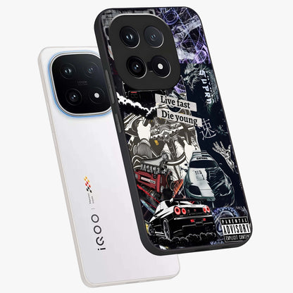Die Young Glass Case displayed in angled mockup highlighting expressive graphic artwork with edgy aesthetic style.