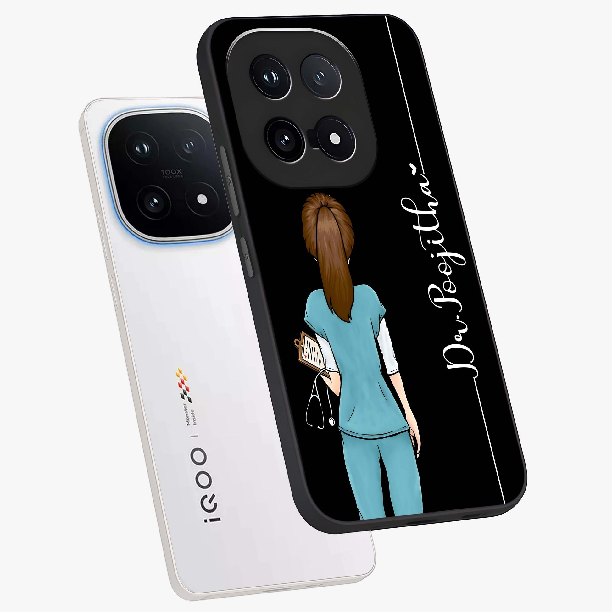 Doctor Pattern Custom Name Glass Case displayed in angled mockup highlighting doctor inspired artwork with custom name feature.