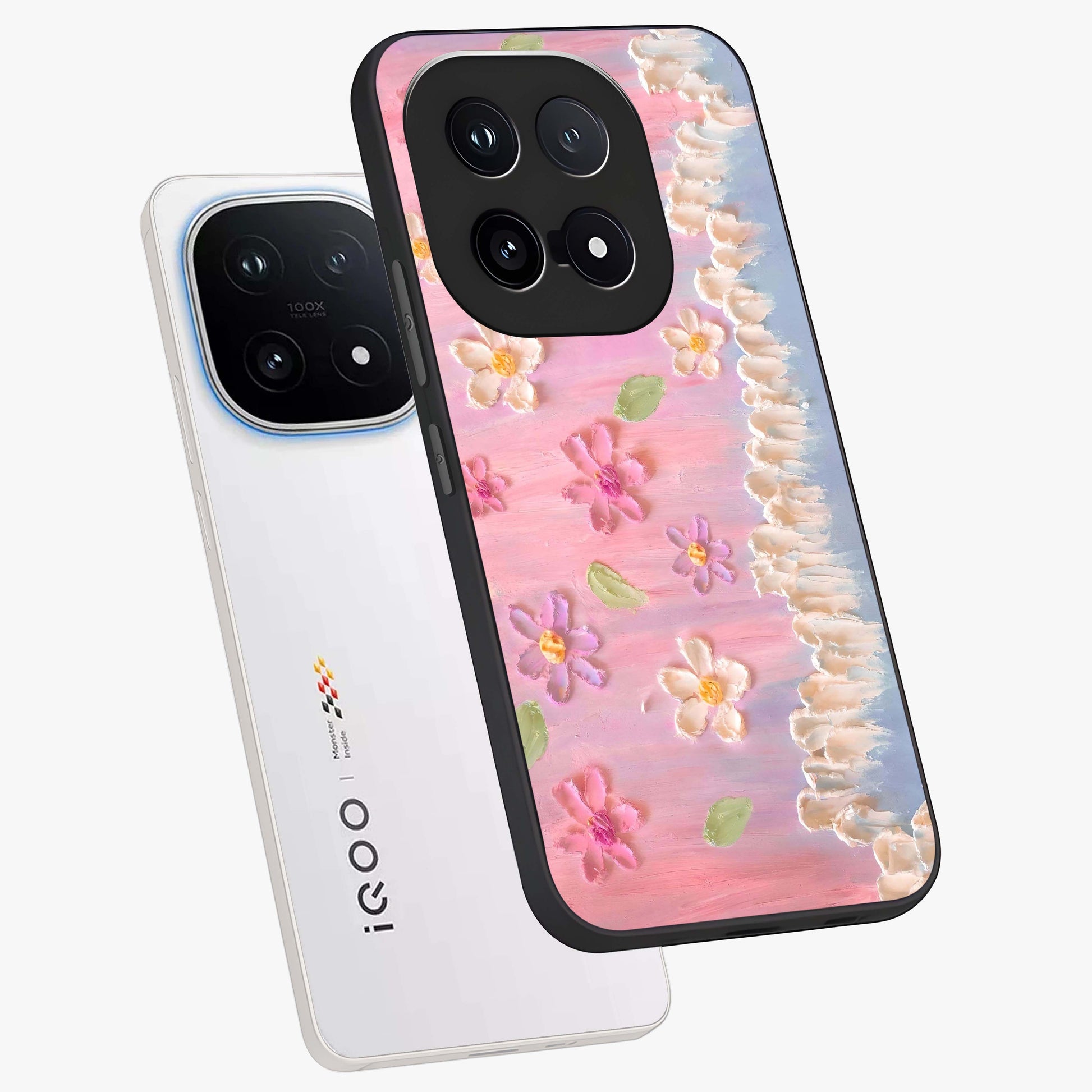 Dreamy Painted Garden Glass Case displayed in angled mockup highlighting colorful garden illustration with dreamy aesthetic style.