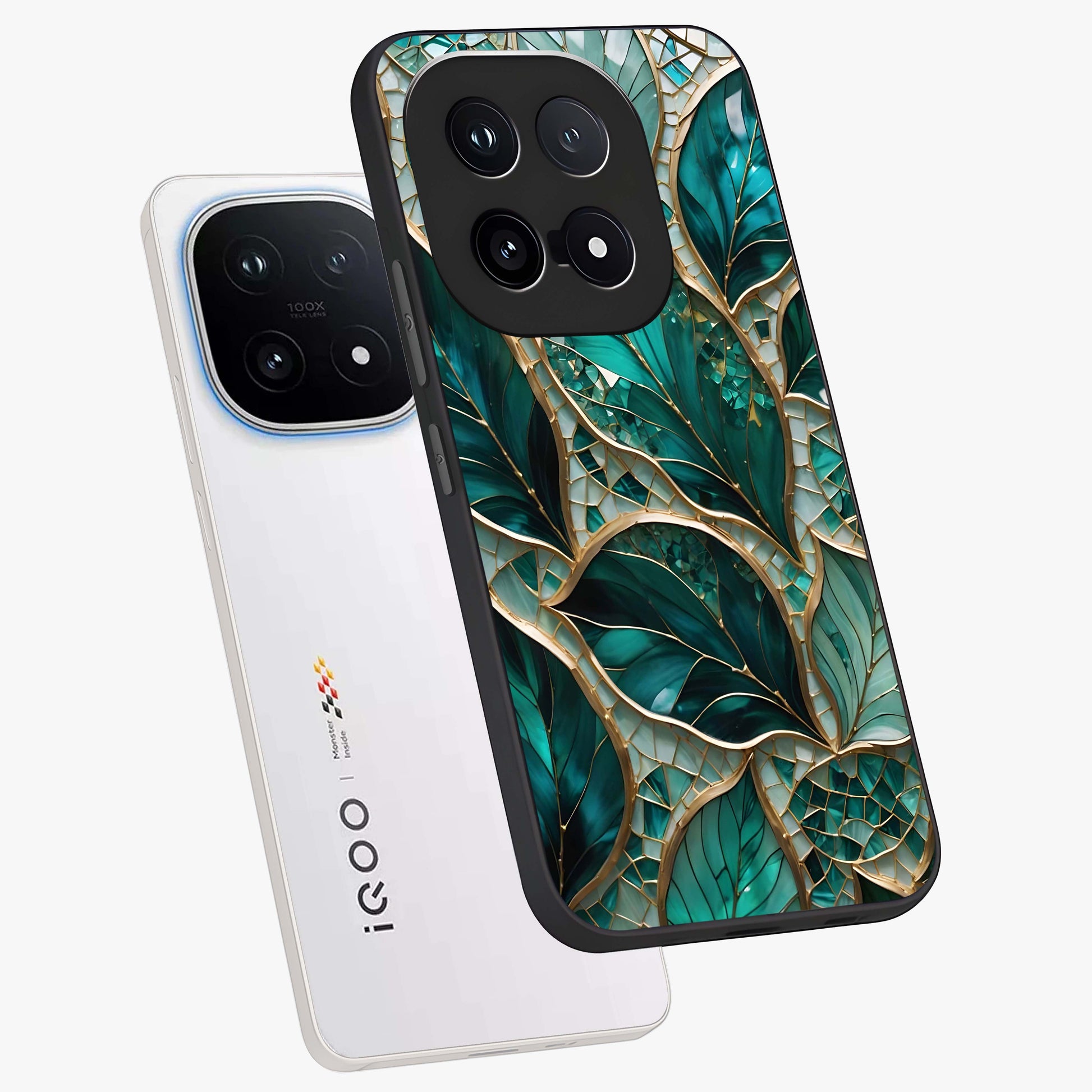 Emerald Leaf Glass Glass Case displayed in angled mockup highlighting botanical leaf illustration with elegant natural aesthetic.