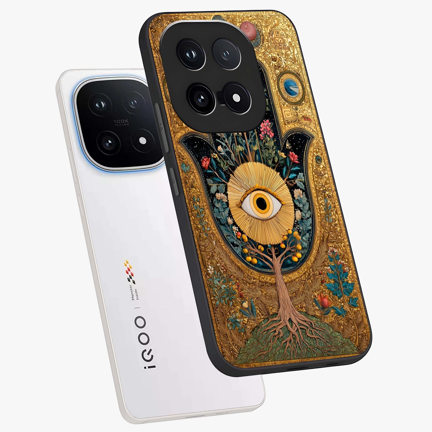 Ethereal Evil Eye Glass Case displayed in angled mockup highlighting protective evil eye symbol with spiritual aesthetic design.