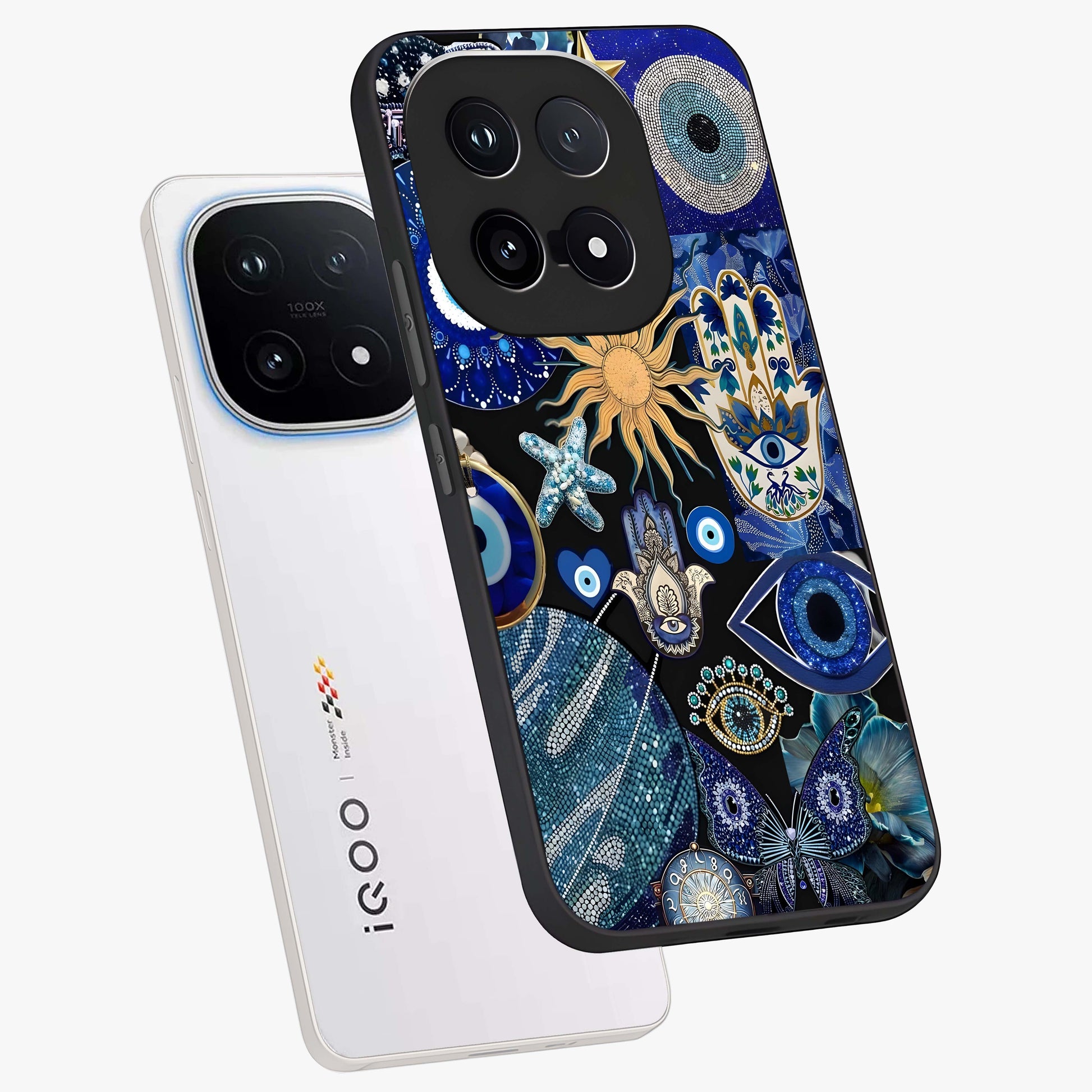 Evil Eye Charm Mix Glass Case displayed in angled mockup highlighting protective evil eye symbols with spiritual aesthetic design.