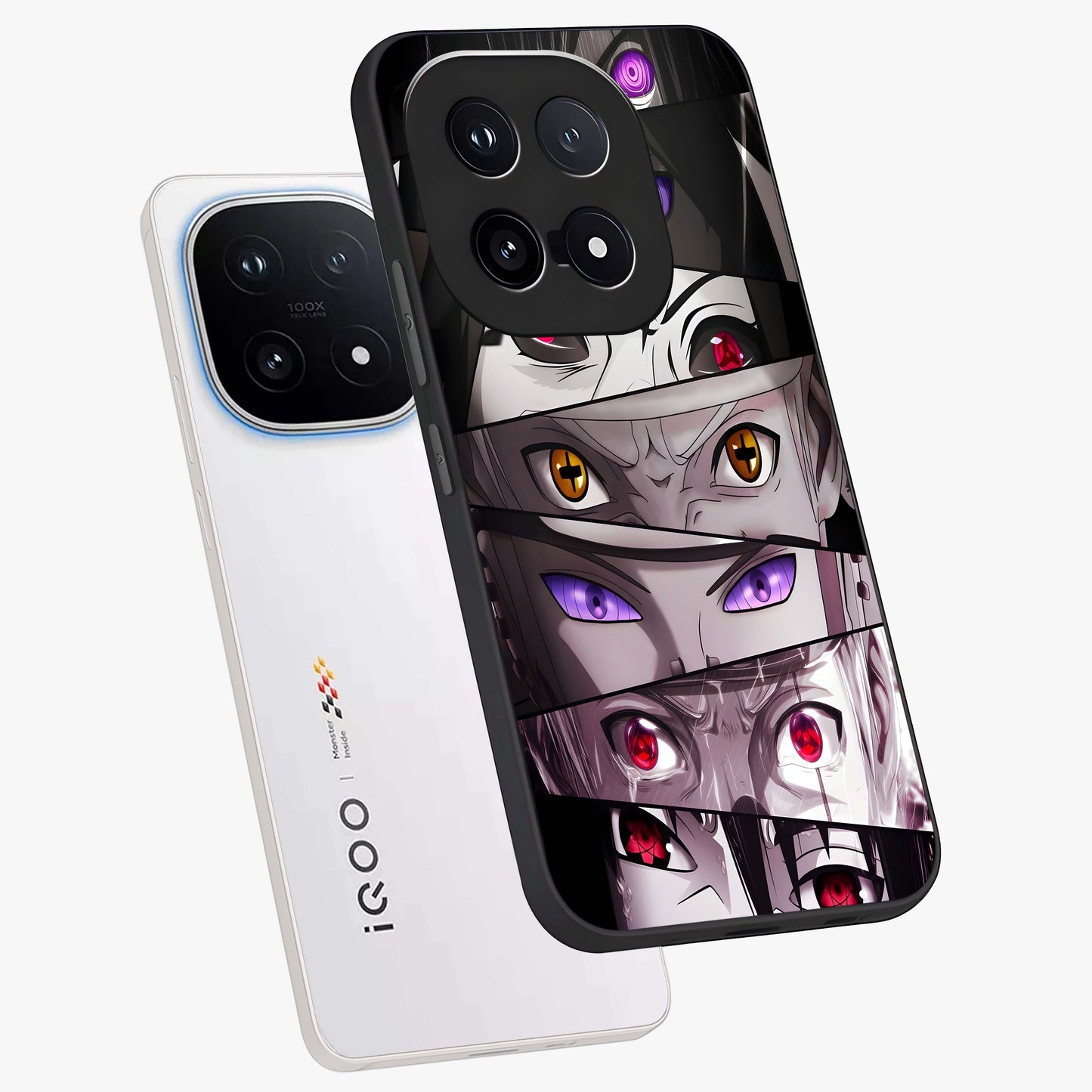 Eyes of Destiny Glass Case displayed in angled mockup highlighting bold eye illustration with mystical aesthetic style.