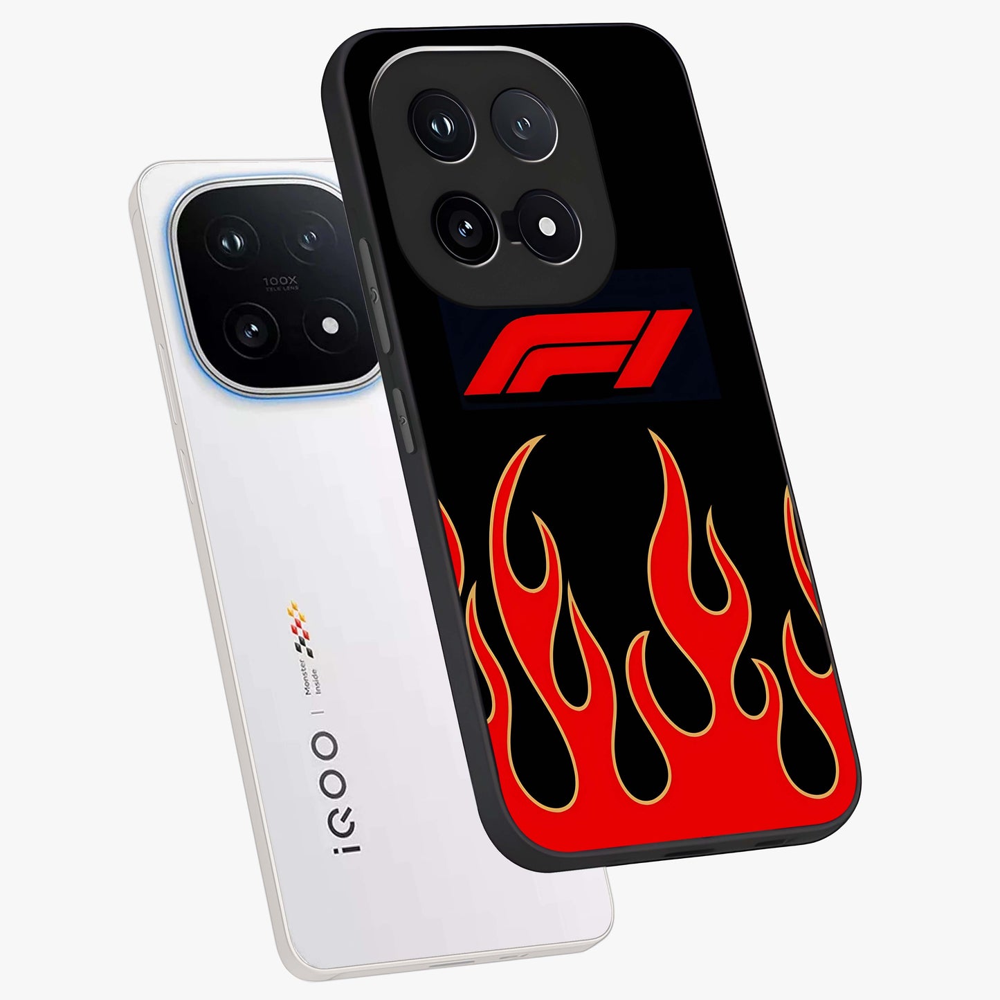 Fire F11 Glass Case displayed in angled mockup highlighting bold fire inspired graphic with energetic aesthetic style.