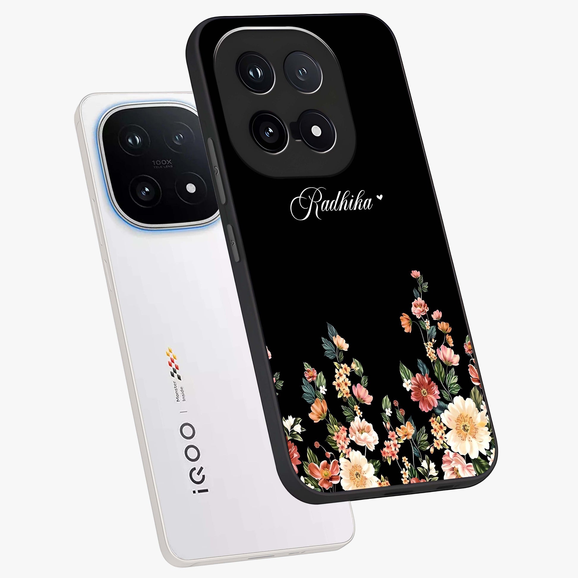 Floral Design With a Custom Personalized Name Glass Case displayed in angled mockup highlighting elegant floral pattern with custom name feature.