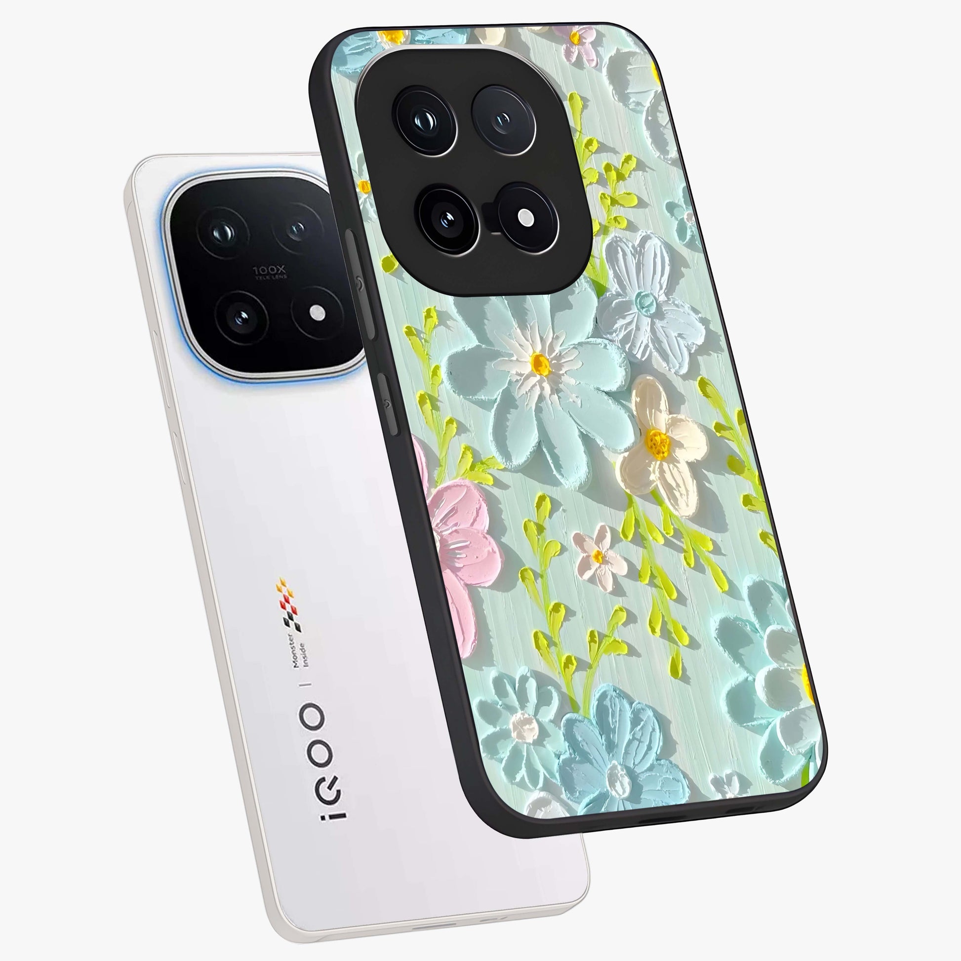 Frosted Petal Garden Glass Case displayed in angled mockup highlighting delicate flower petal design with calm garden aesthetic.