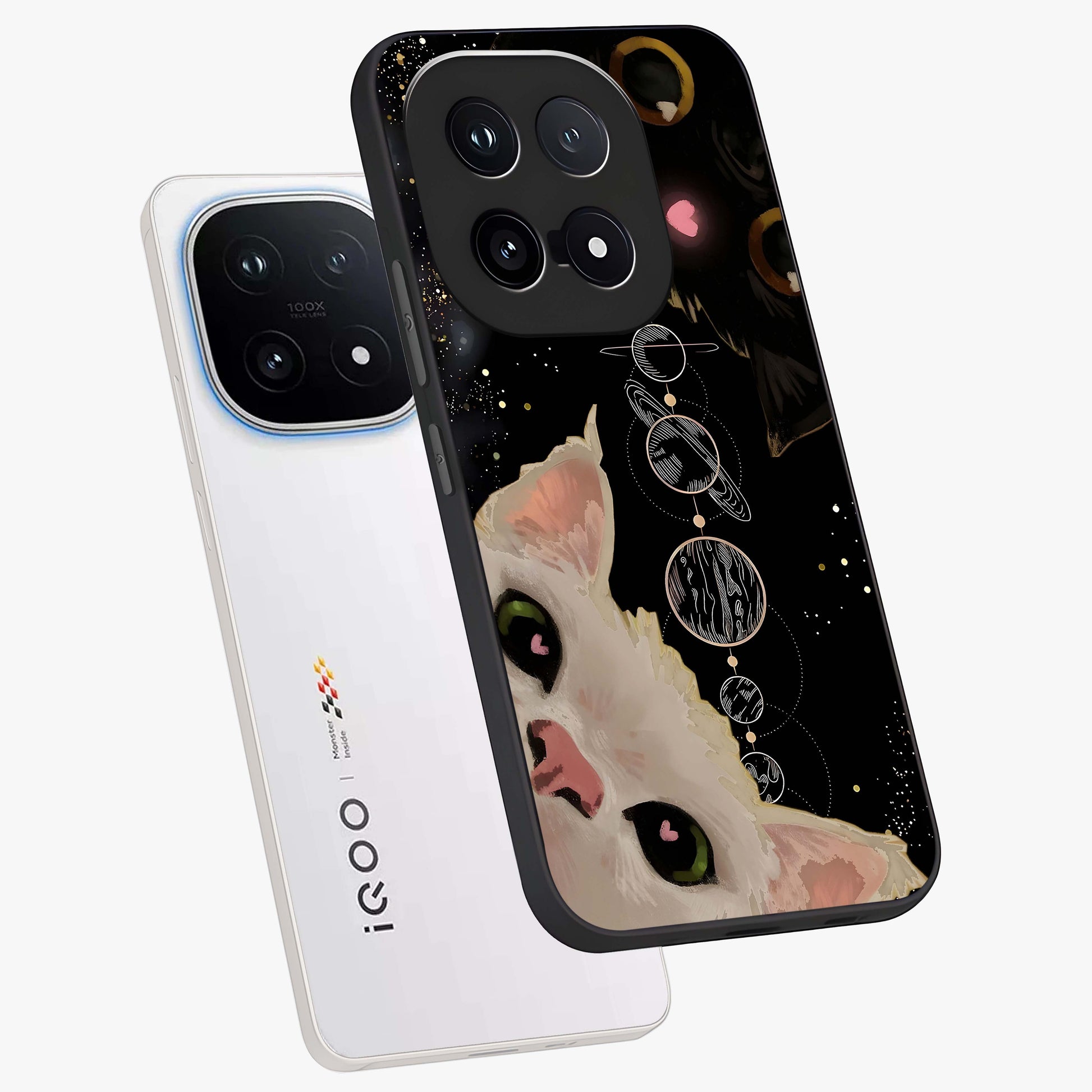 Galactic Cat Glass Case displayed in angled mockup highlighting celestial feline illustration with galaxy aesthetic style.