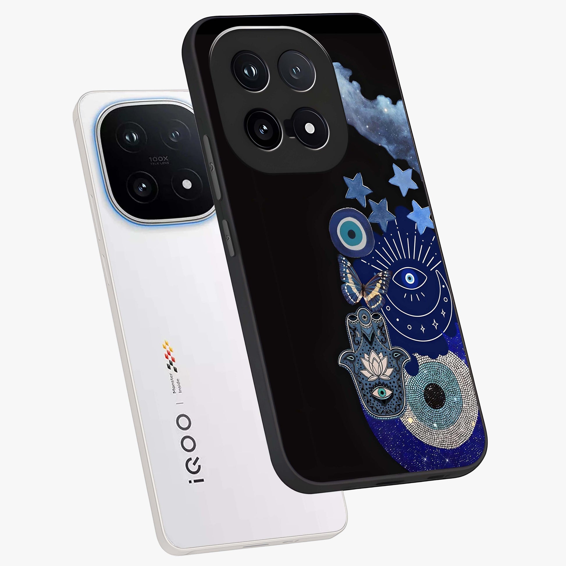 Galactic Charm Cluster Glass Case displayed in angled mockup highlighting luminous galaxy inspired design with dreamy aesthetic.