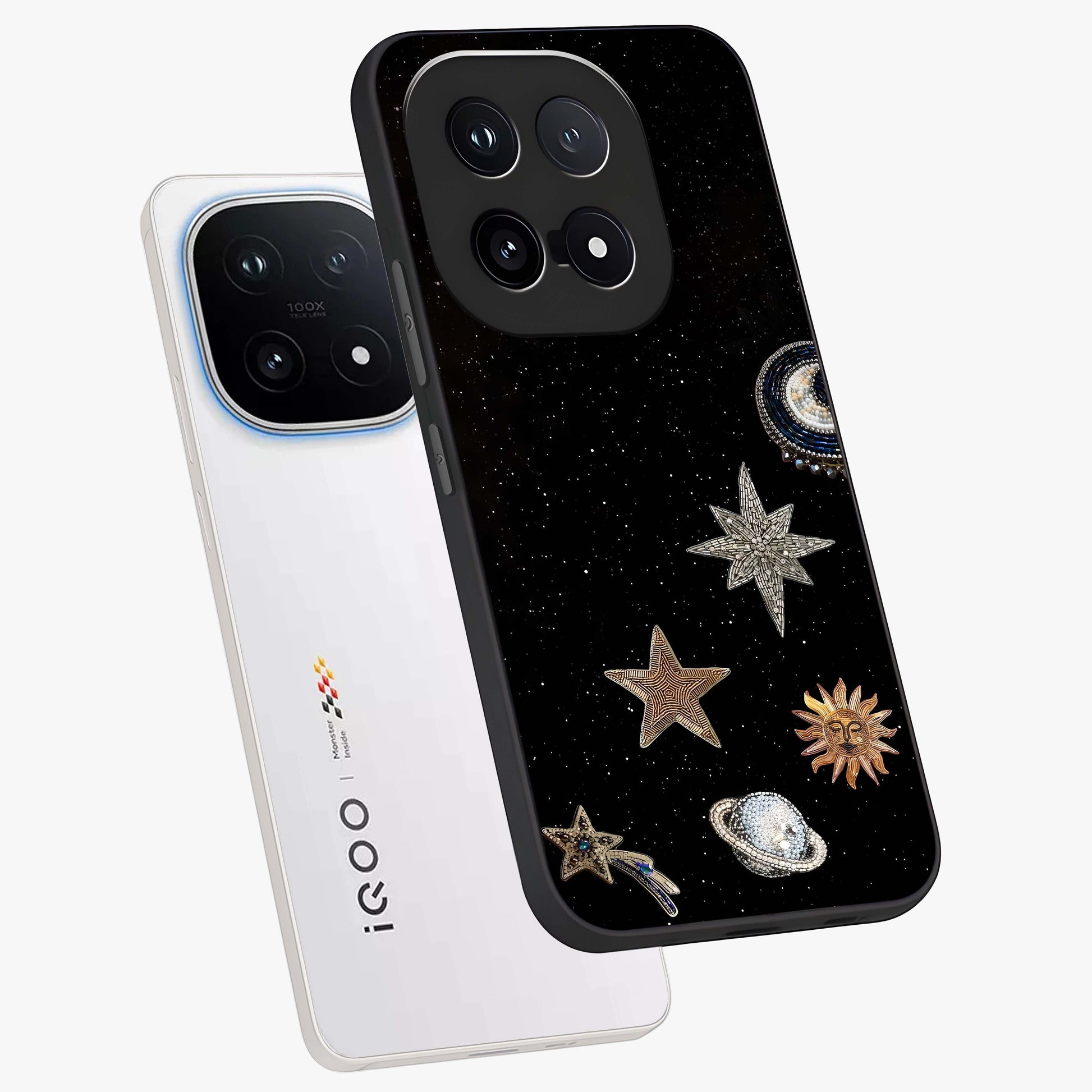 Galactic Charm Glow Glass Case displayed in angled mockup highlighting luminous galaxy inspired design with dreamy aesthetic.