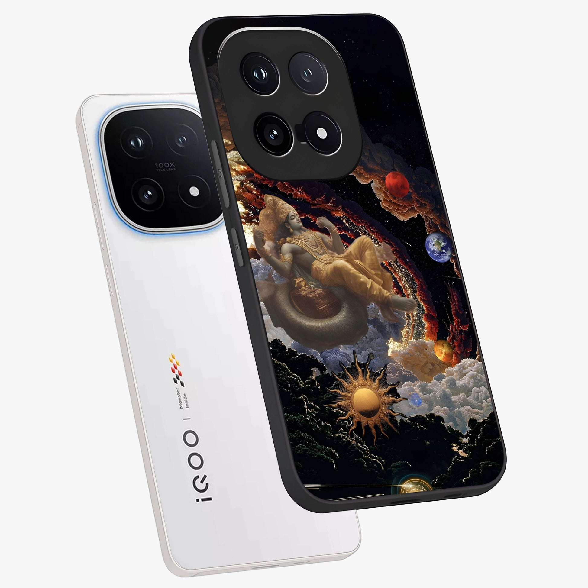 Galactic Divine God Glass Case displayed in angled mockup highlighting powerful celestial deity illustration with galactic aesthetic.