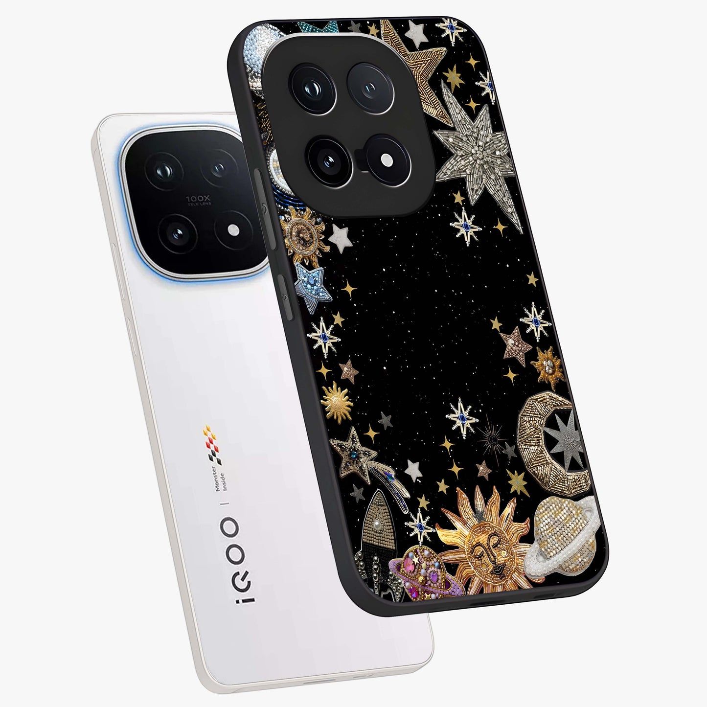 Galactic Jewel Stars Glass Case displayed in angled mockup highlighting shining celestial star design with cosmic aesthetic style.