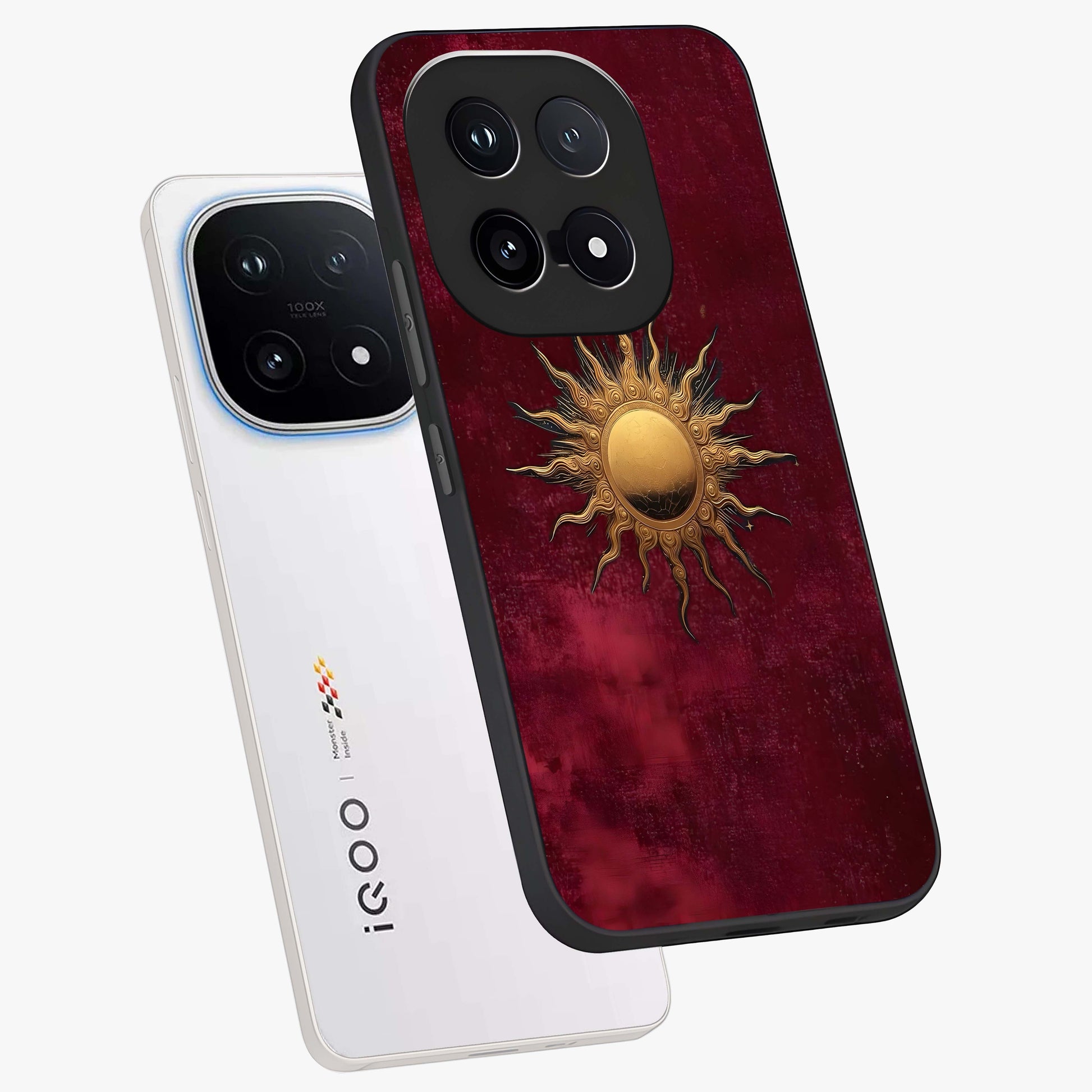 Golden Sun Minimalism Glass Case displayed in angled mockup highlighting clean sun symbol design with modern minimal aesthetic.