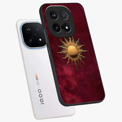 Golden Sun Minimalism Glass Case displayed in angled mockup highlighting clean sun symbol design with modern minimal aesthetic.
