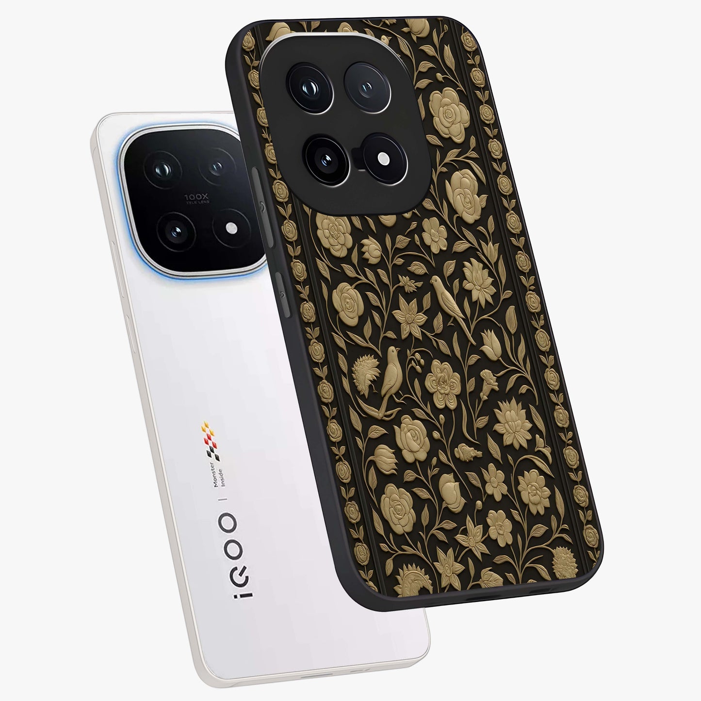 Golden Evil Eye Mandala Glass Case displayed in angled mockup highlighting protective evil eye symbol with golden mandala design.