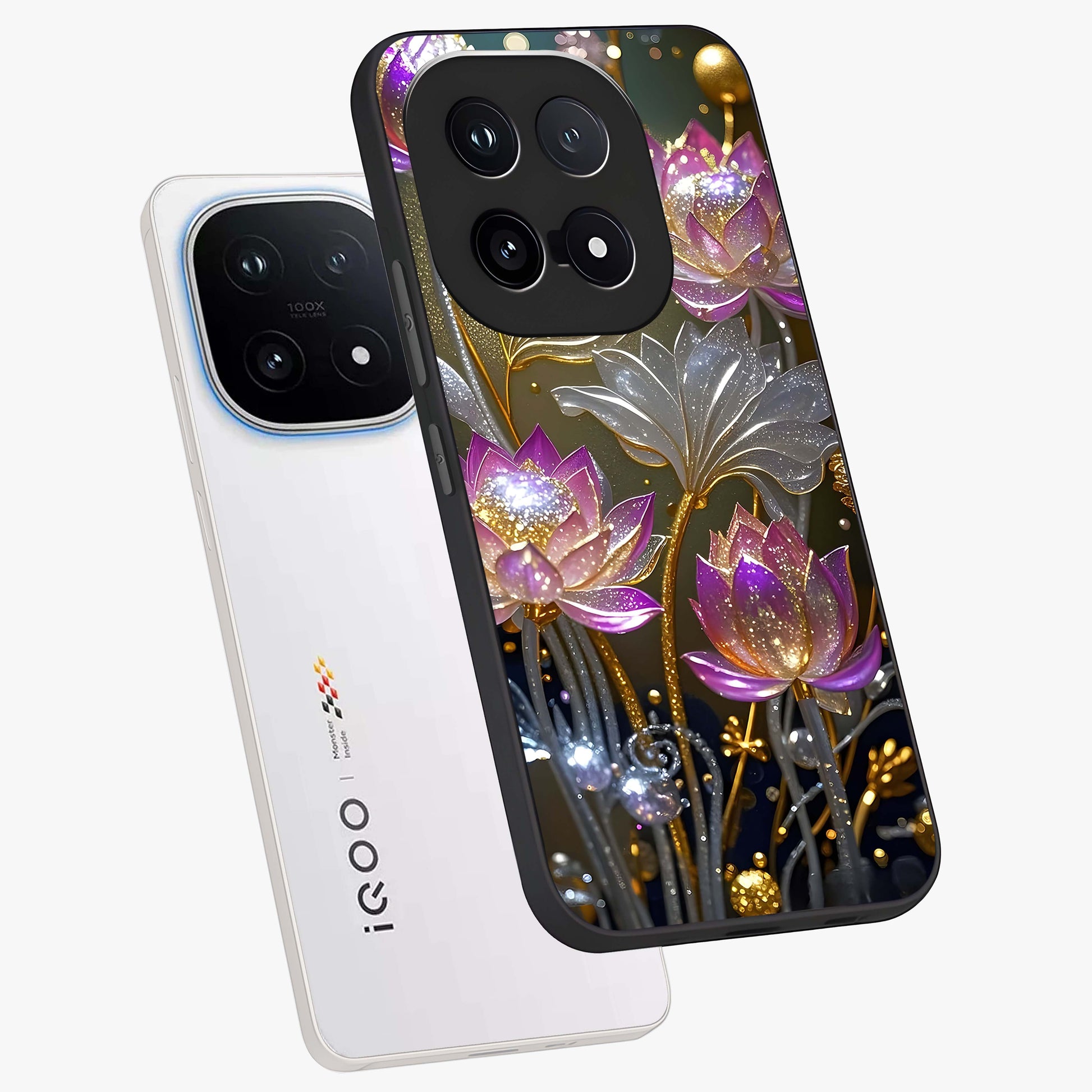 Golden Floral Majesty Glass Case displayed in angled mockup highlighting elegant flower design with royal golden aesthetic.