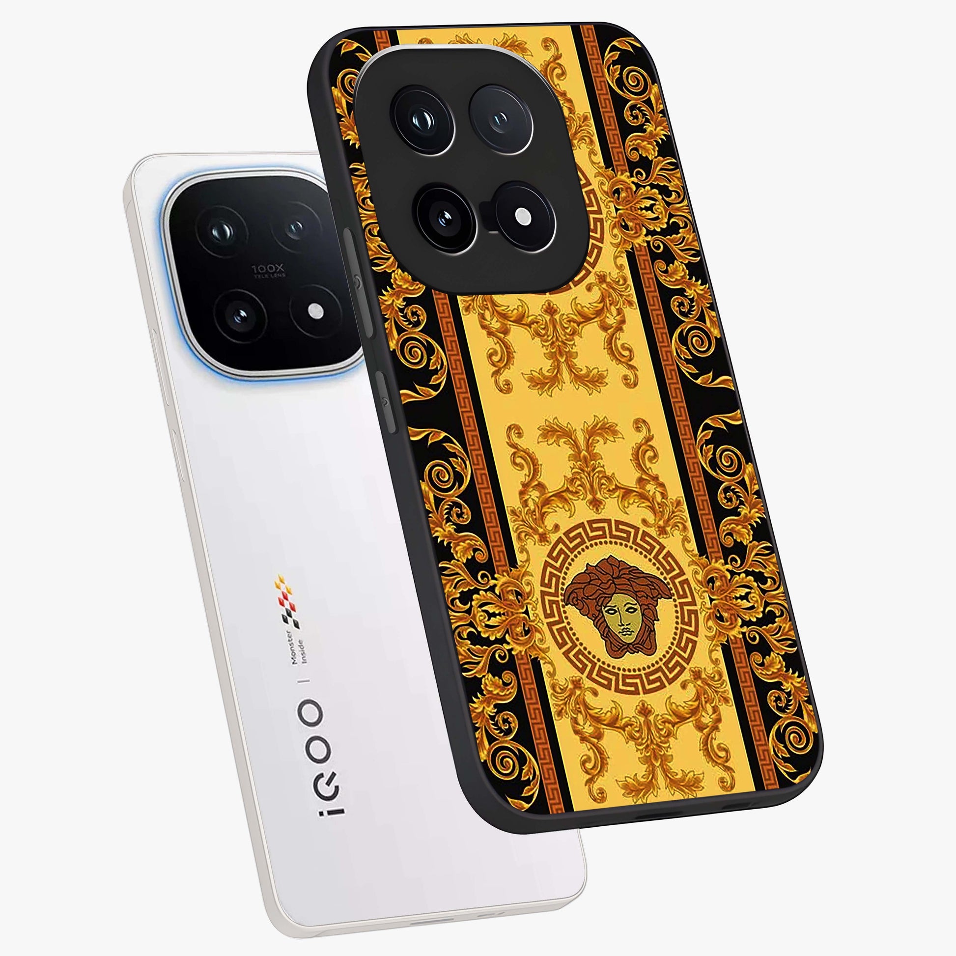 Golden Lotus Glow Glass Case displayed in angled mockup highlighting radiant lotus illustration with spiritual aesthetic.