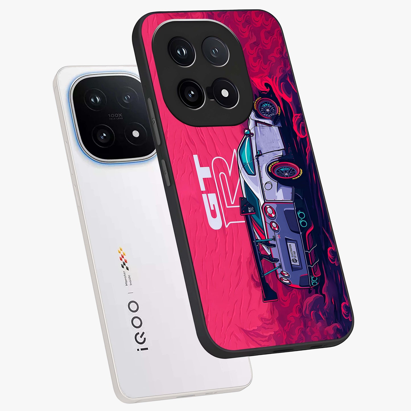 GT-R Car Pattern Glass Case displayed in angled mockup highlighting racing car graphic design with bold automotive aesthetic.