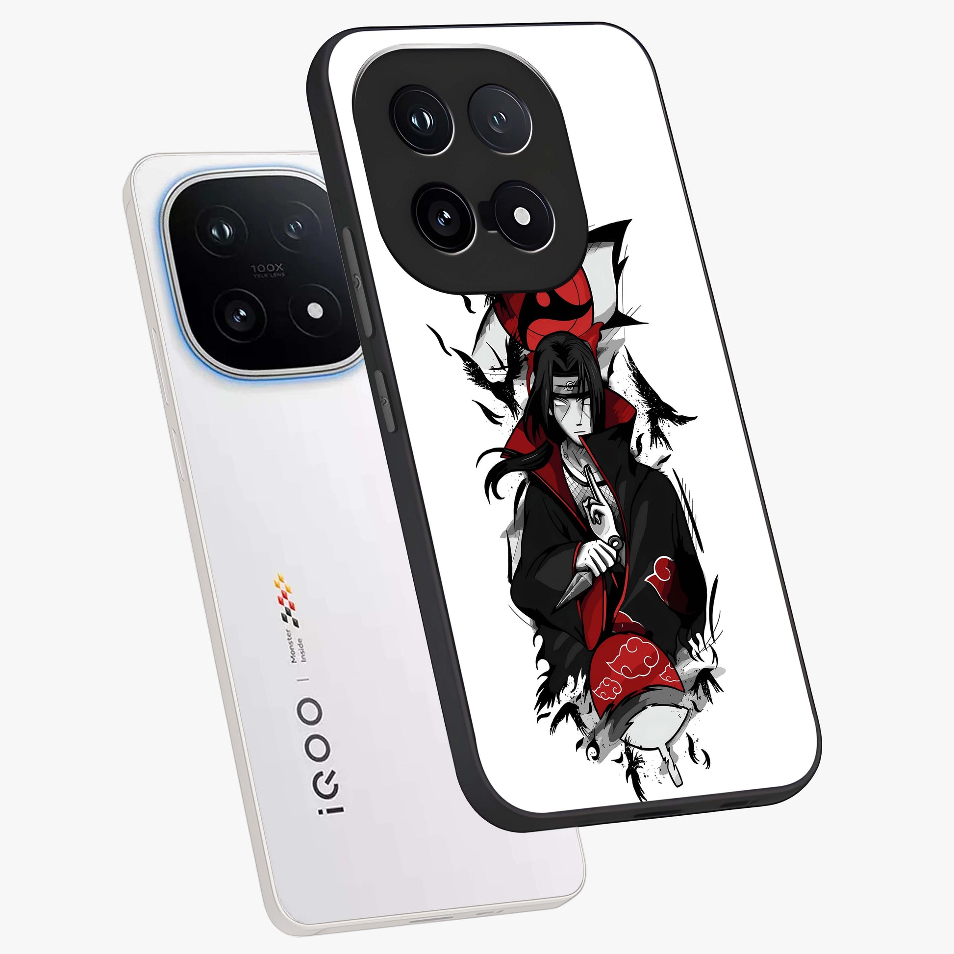 Itachi Limited Edition Naruto Anime Glass Case displayed in angled mockup highlighting dramatic anime illustration with bold action aesthetic.