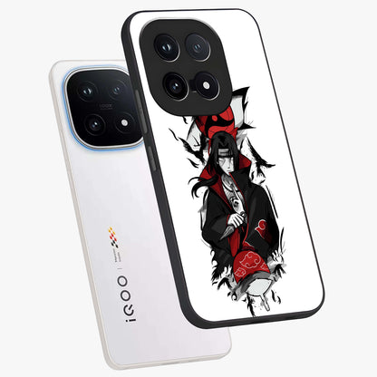 Itachi Limited Edition Naruto Anime Glass Case displayed in angled mockup highlighting dramatic anime illustration with bold action aesthetic.