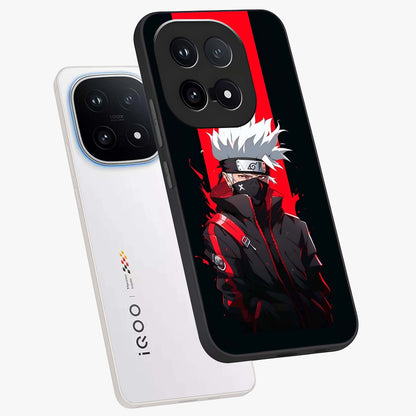 Kakashi Scarlet Shadow Glass Case displayed in angled mockup highlighting dramatic ninja illustration with scarlet themed aesthetic.