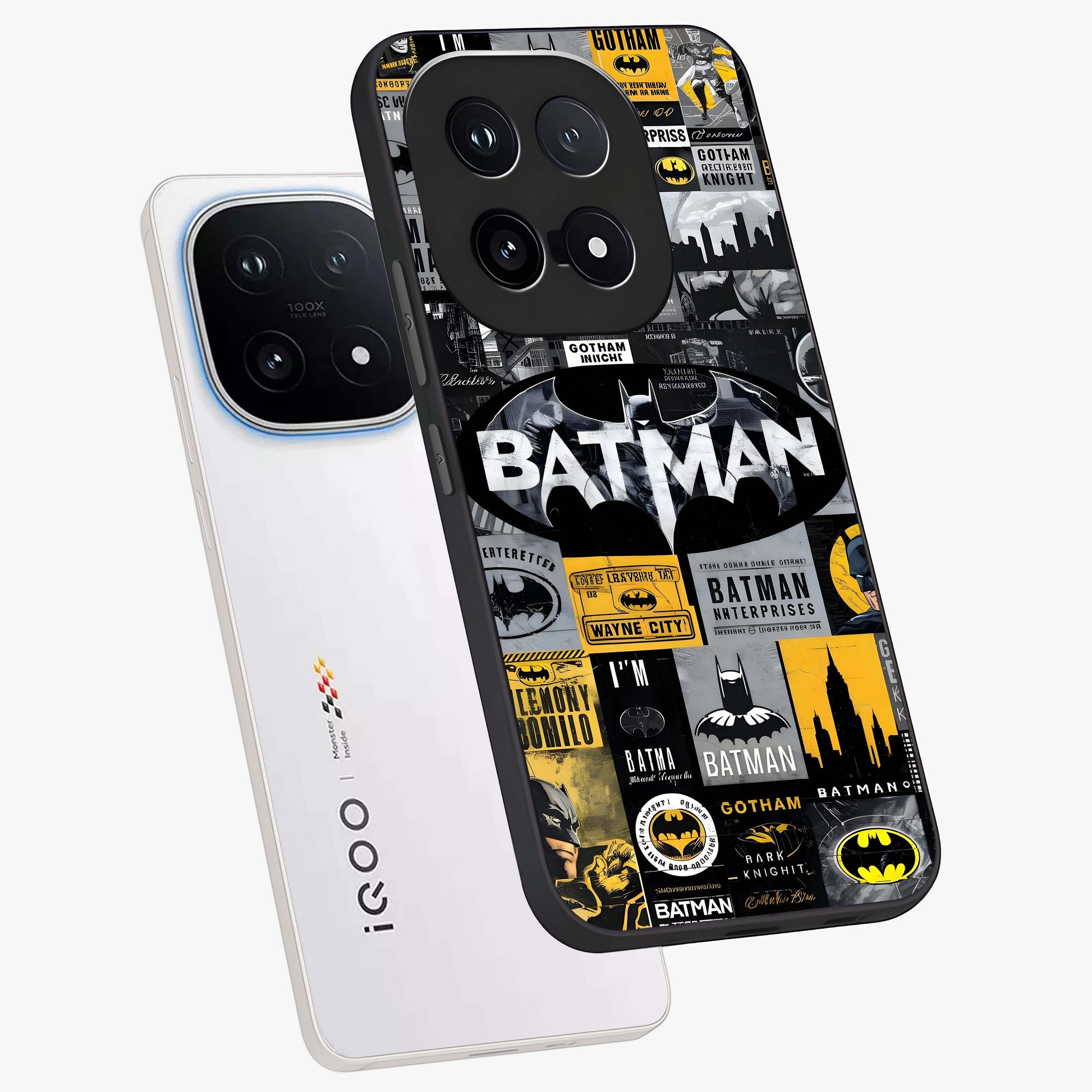 Knight Gotham Rise Glass Case displayed in angled mockup highlighting powerful knight silhouette design with dramatic aesthetic.