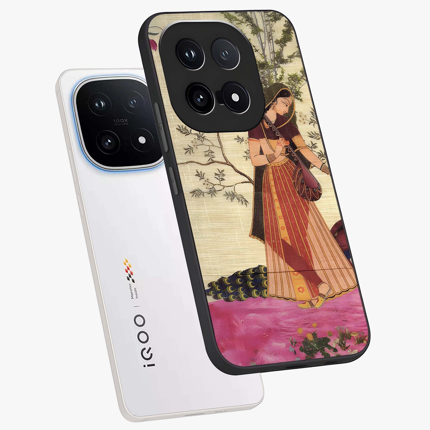 Lady With Veena Art Glass Case displayed in angled mockup highlighting graceful musical illustration with cultural artistic aesthetic.