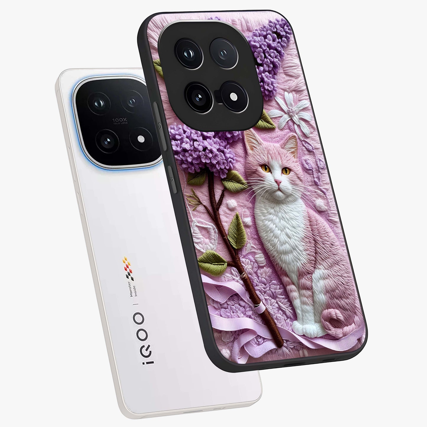 Lavender Cat Whimsy Glass Case displayed in angled mockup highlighting playful feline illustration with pastel lavender aesthetic.