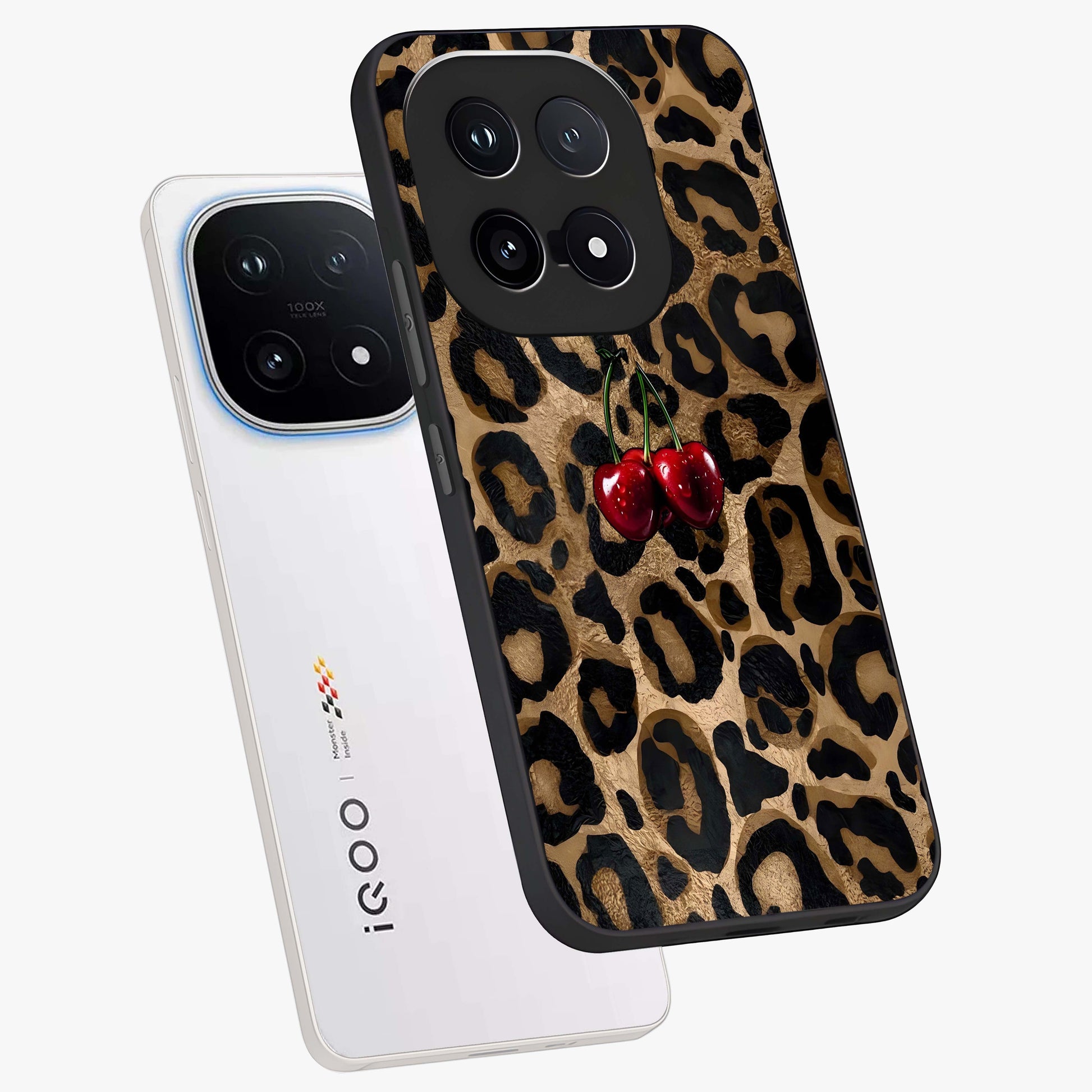 Leopard Wild Cherry Glass Case displayed in angled mockup highlighting bold animal print design with playful cherry aesthetic.