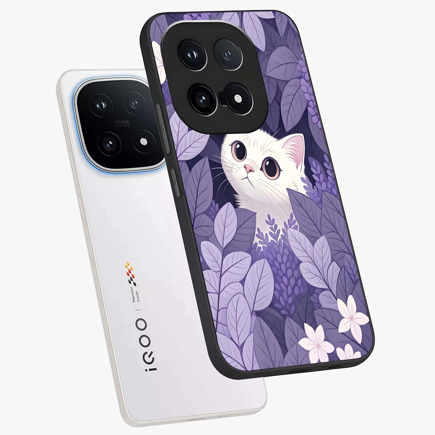 Lilac Hide Peek Cat Glass Case displayed in angled mockup highlighting playful feline illustration with lilac aesthetic design.