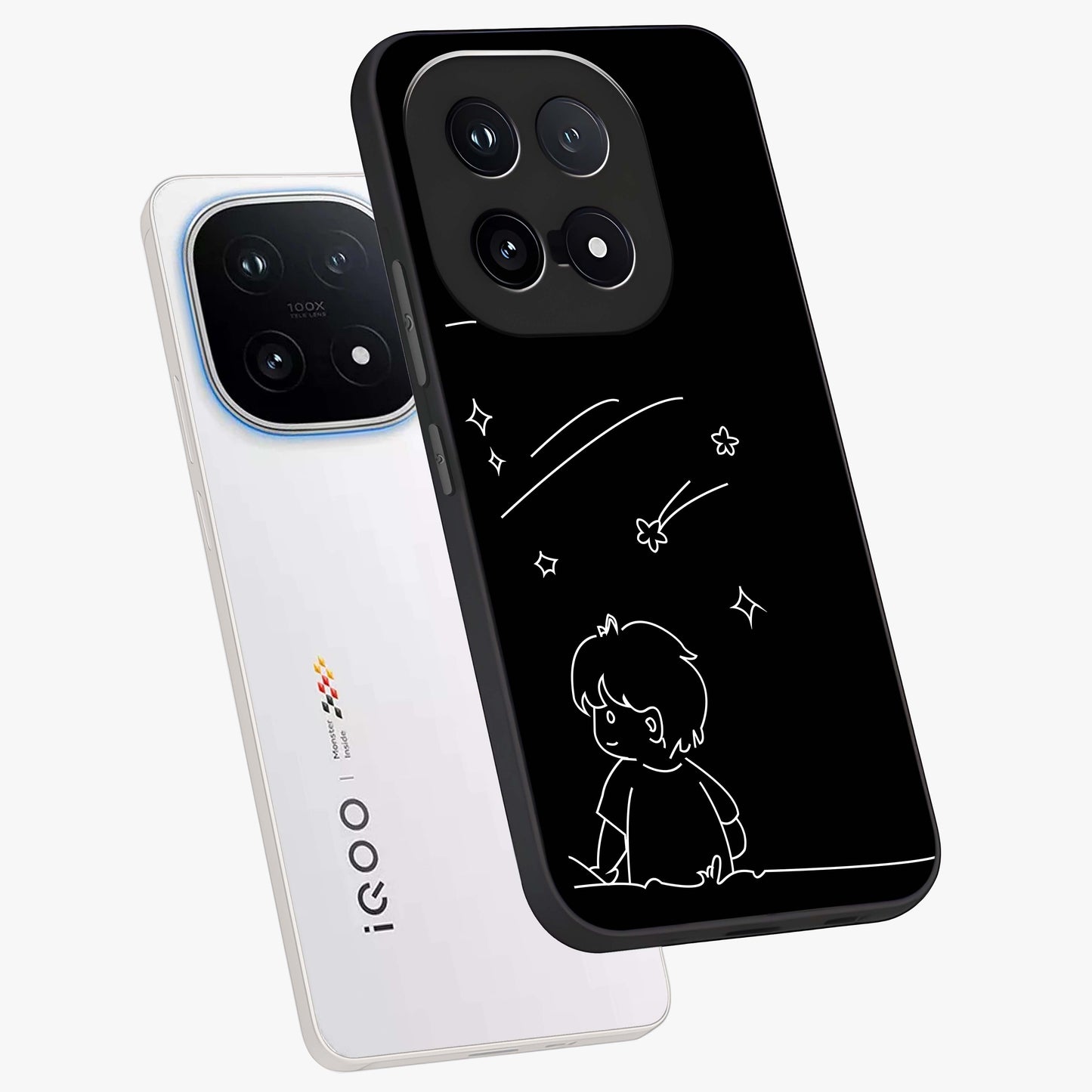 Line Art Boy With Shooting Stars Glass Case displayed in angled mockup highlighting elegant line art design with dreamy star aesthetic.