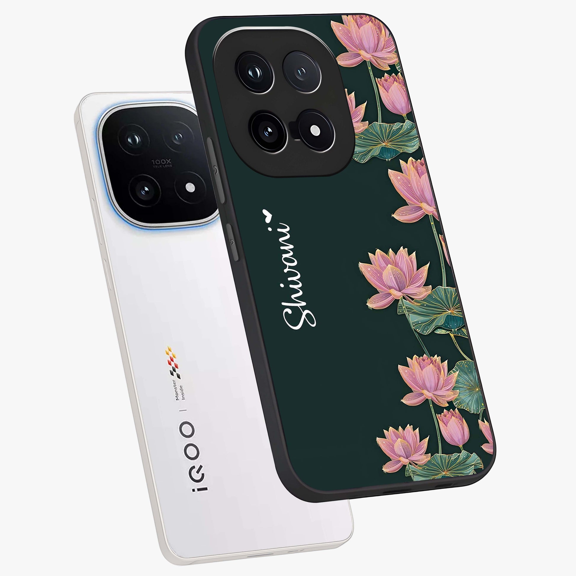 Lotus Bloom Serenity Custom Name Glass Case displayed in angled mockup highlighting graceful lotus illustration with custom name feature.