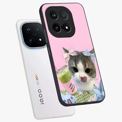 Love Matcha Cat Glass Case displayed in angled mockup highlighting playful feline illustration with cozy matcha aesthetic.
