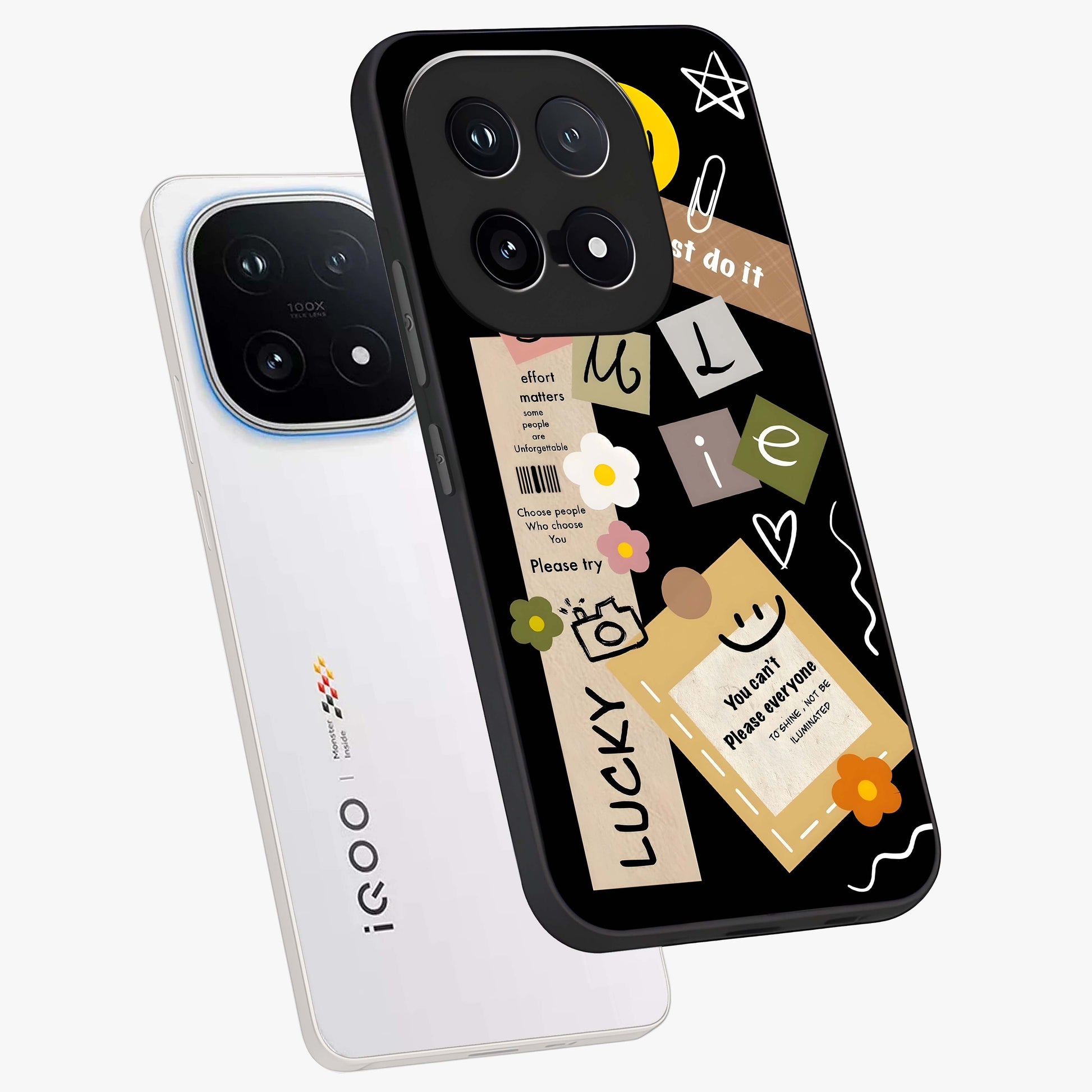 Lucky Aesthetic Collage Glass Case displayed in angled mockup highlighting stylish collage pattern with modern aesthetic vibe.