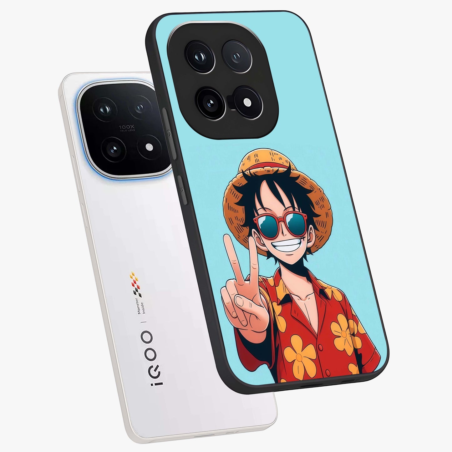 Luffy Summer Anime Vibe Glass Case displayed in angled mockup highlighting energetic anime illustration with summer vibe aesthetic.
