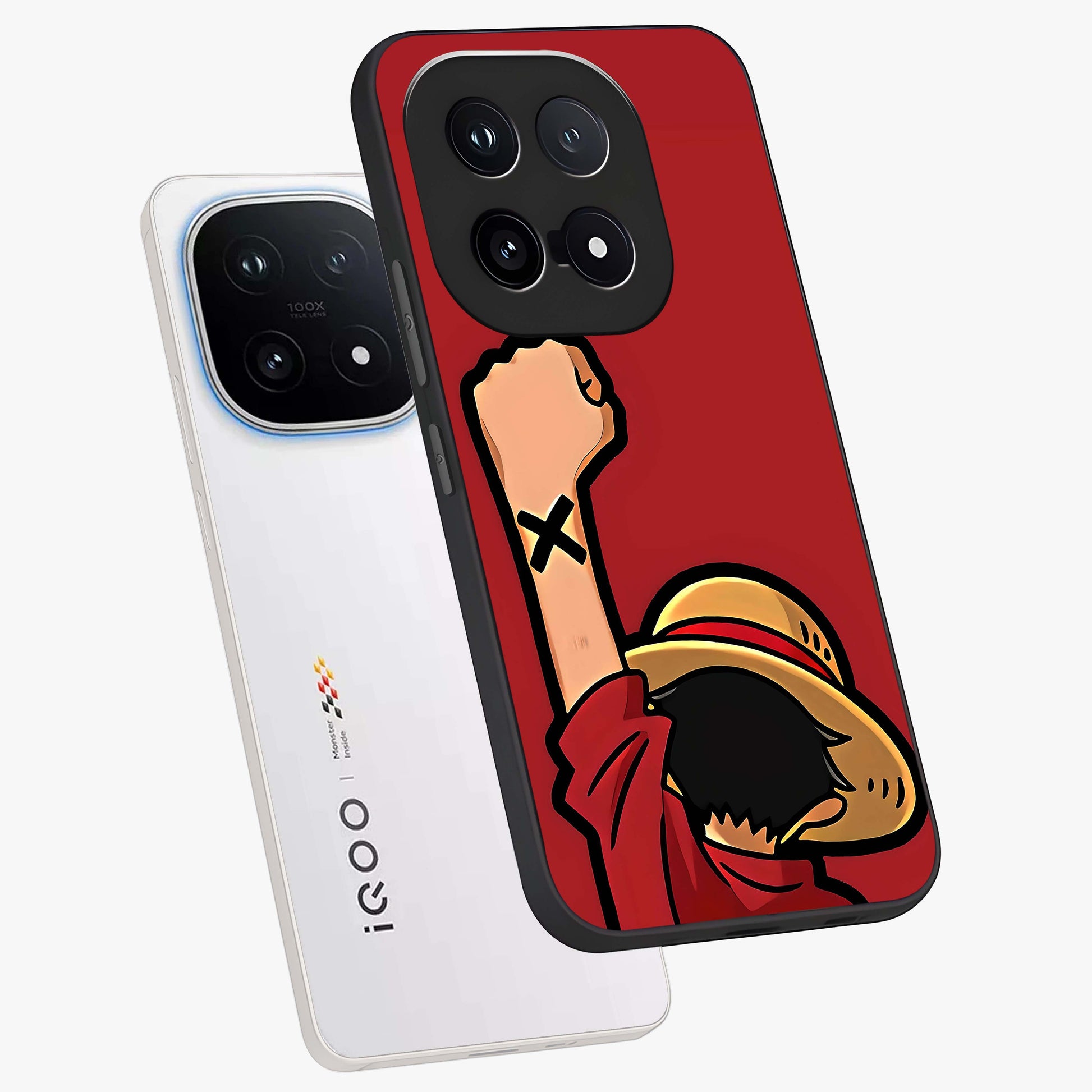 Luffy X Spirit Glass Case displayed in angled mockup highlighting powerful anime design with energetic action aesthetic.