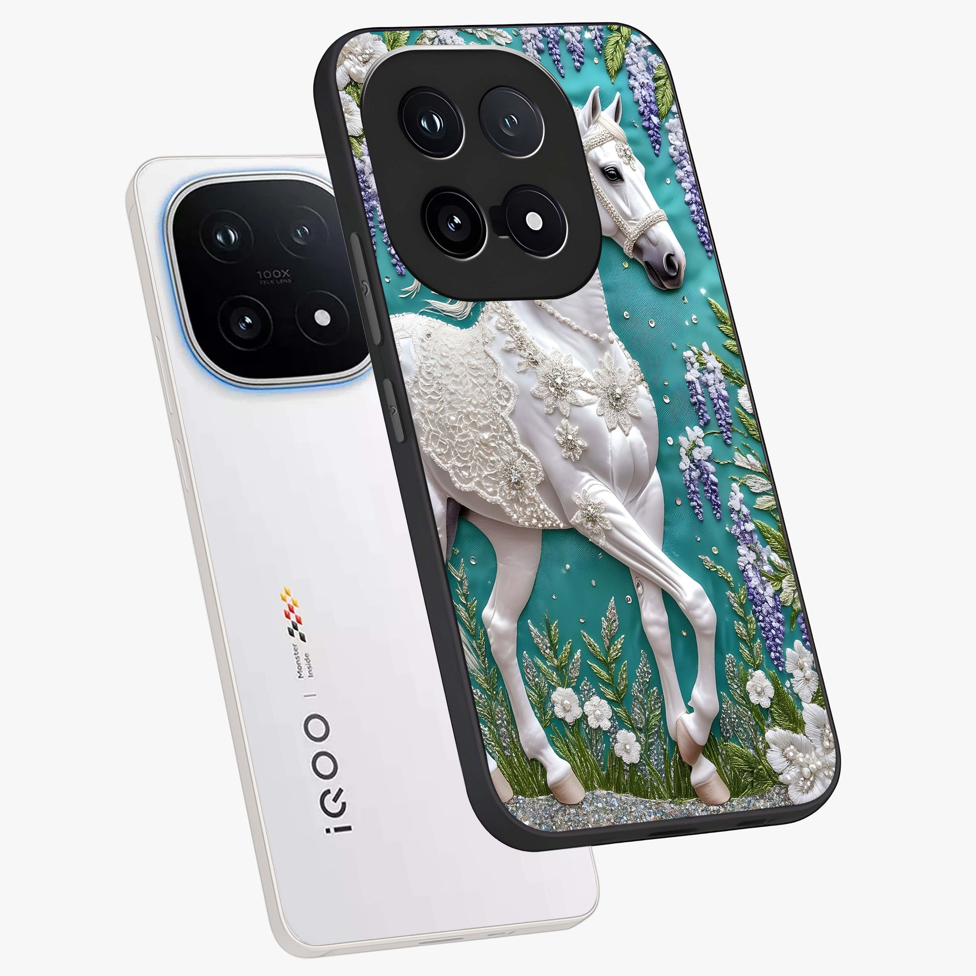 Majestic Floral Stallion Glass Case displayed in angled mockup highlighting majestic stallion illustration with elegant floral aesthetic.