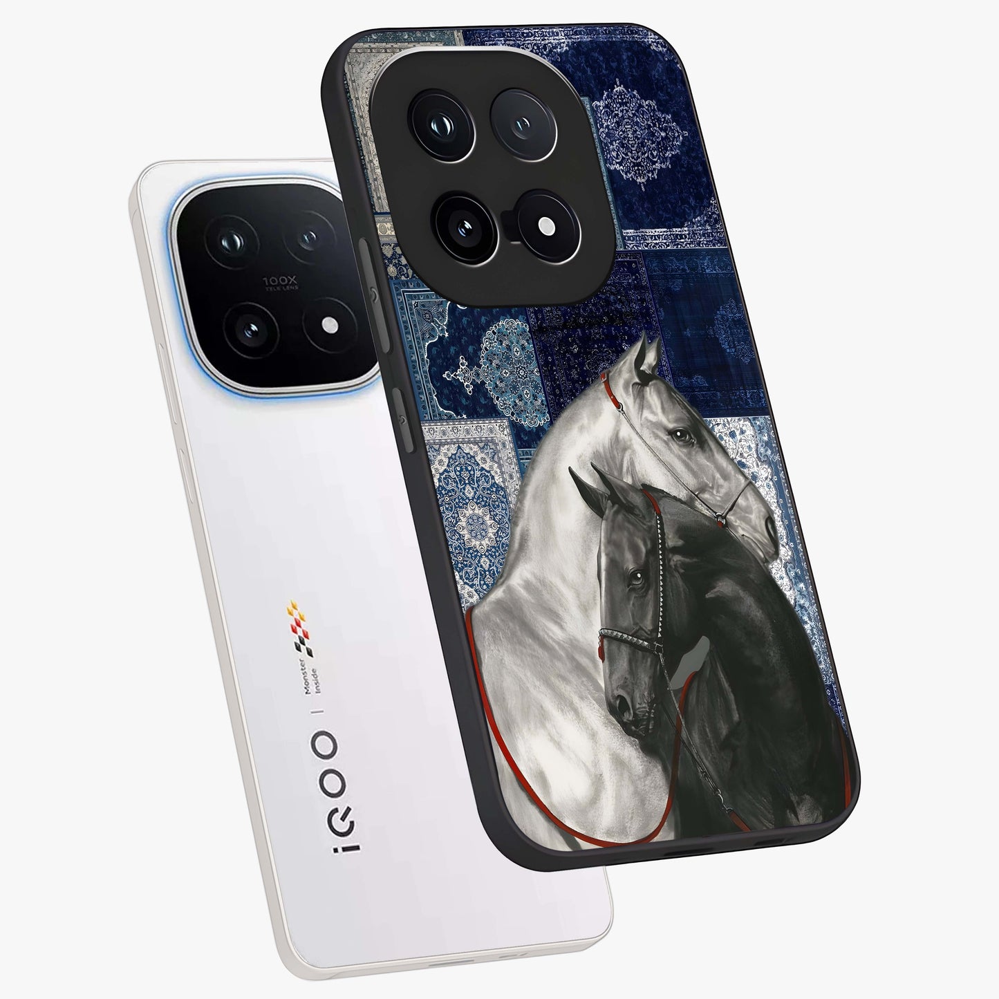 Midnight Stallion Blues Glass Case displayed in angled mockup highlighting powerful stallion illustration with deep midnight tones.