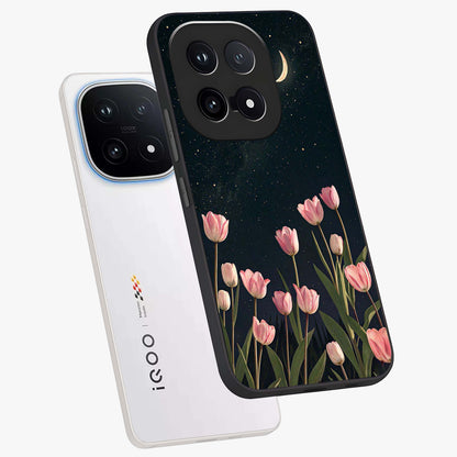 Midnight Tulip Whispers Vibe Glass Case displayed in angled mockup highlighting delicate tulip design with midnight floral aesthetic.