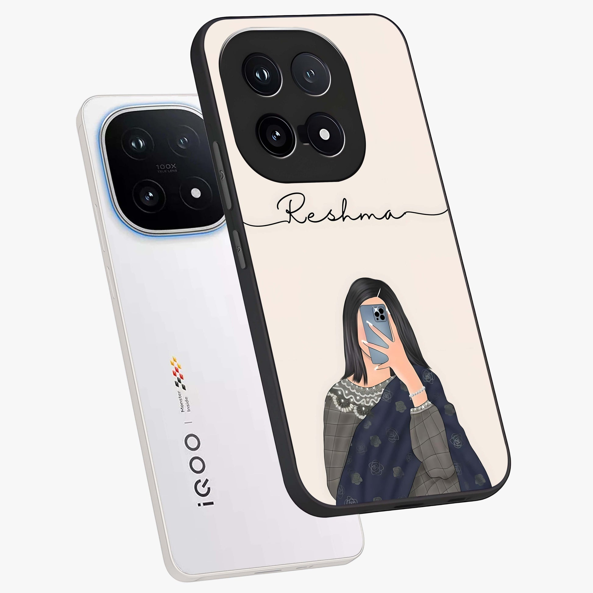 Mirror Mood Muse With Custom Name Glass Case displayed in angled mockup highlighting aesthetic mirror inspired design with custom name feature.