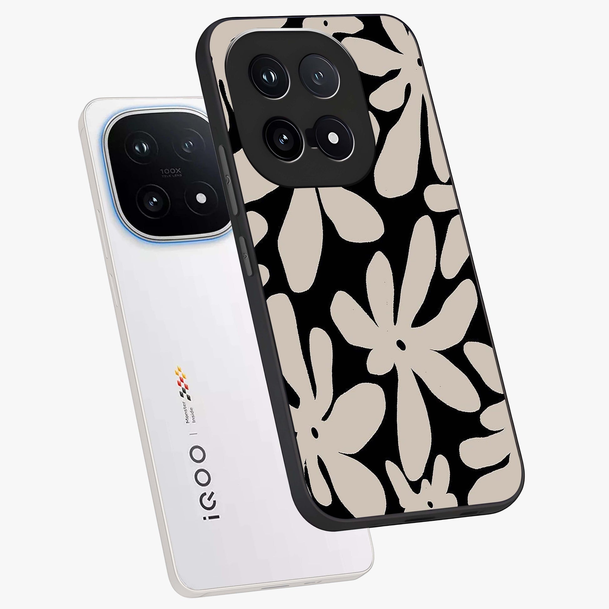 Monochrome Petal Dance Glass Case displayed in angled mockup highlighting elegant petal design with black and white aesthetic.