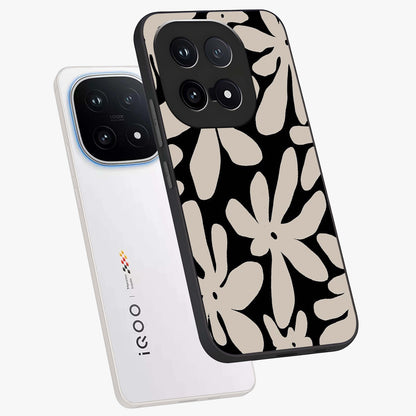 Monochrome Petal Dance Glass Case displayed in angled mockup highlighting elegant petal design with black and white aesthetic.