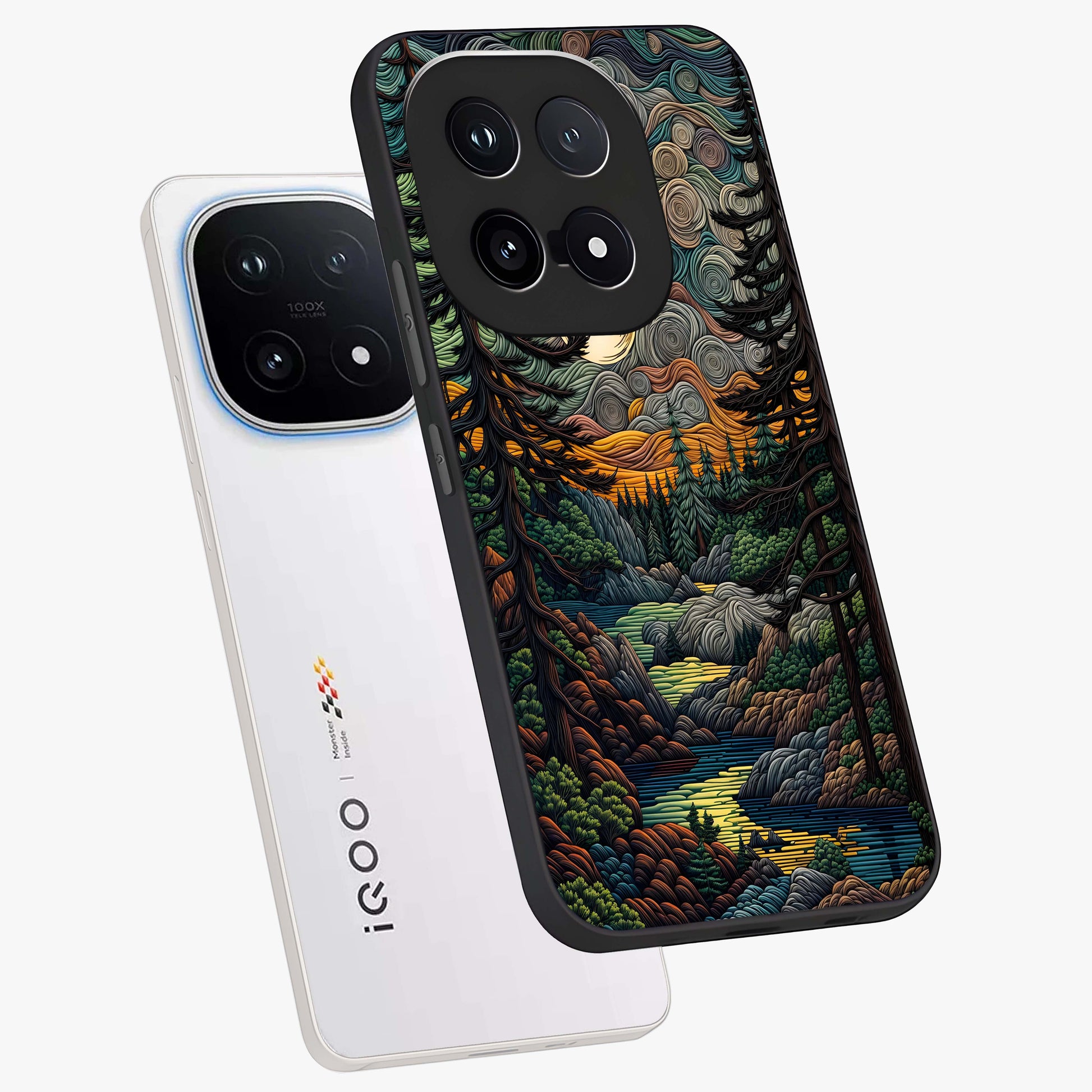 Moonlight Forest Dream Glass Case displayed in angled mockup highlighting dreamy forest design with glowing moon aesthetic.
