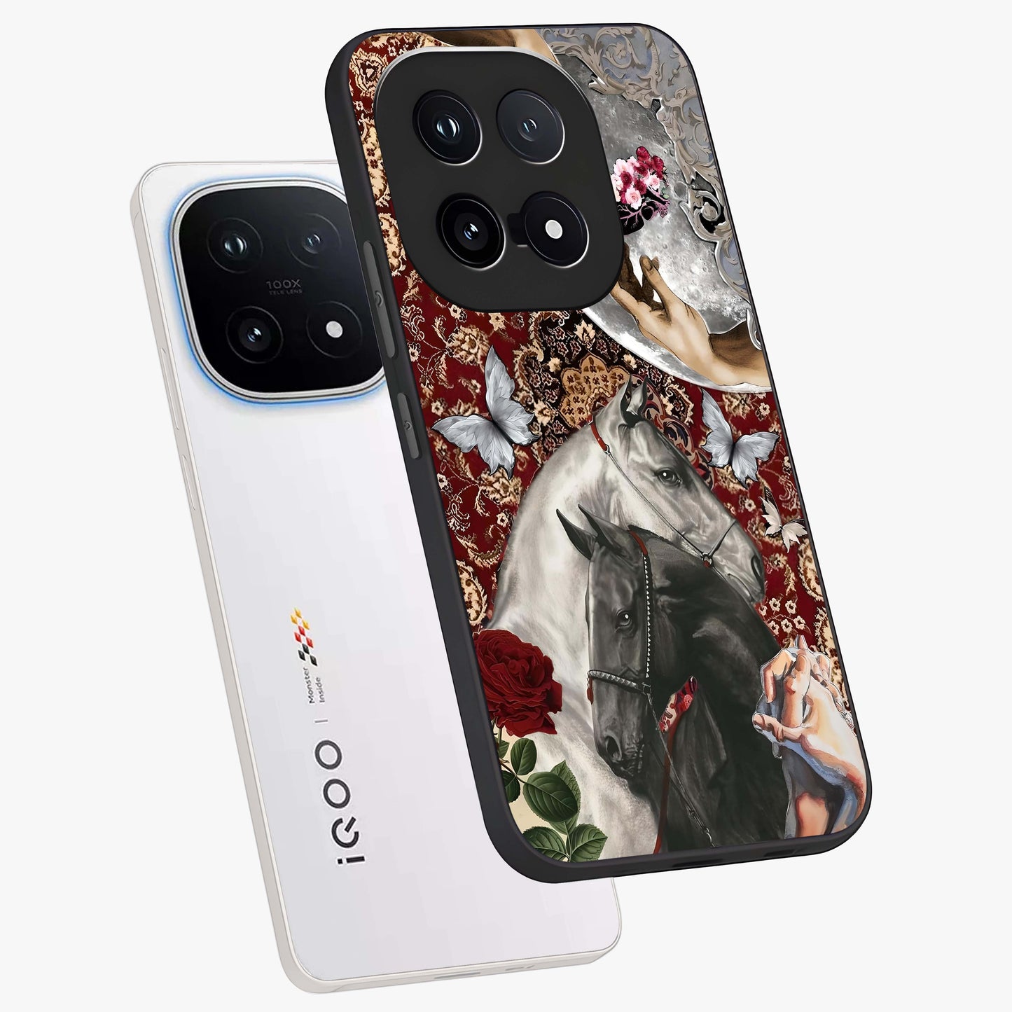 Moonlit Royal Stallion Glass Case displayed in angled mockup highlighting powerful stallion illustration with royal night aesthetic.