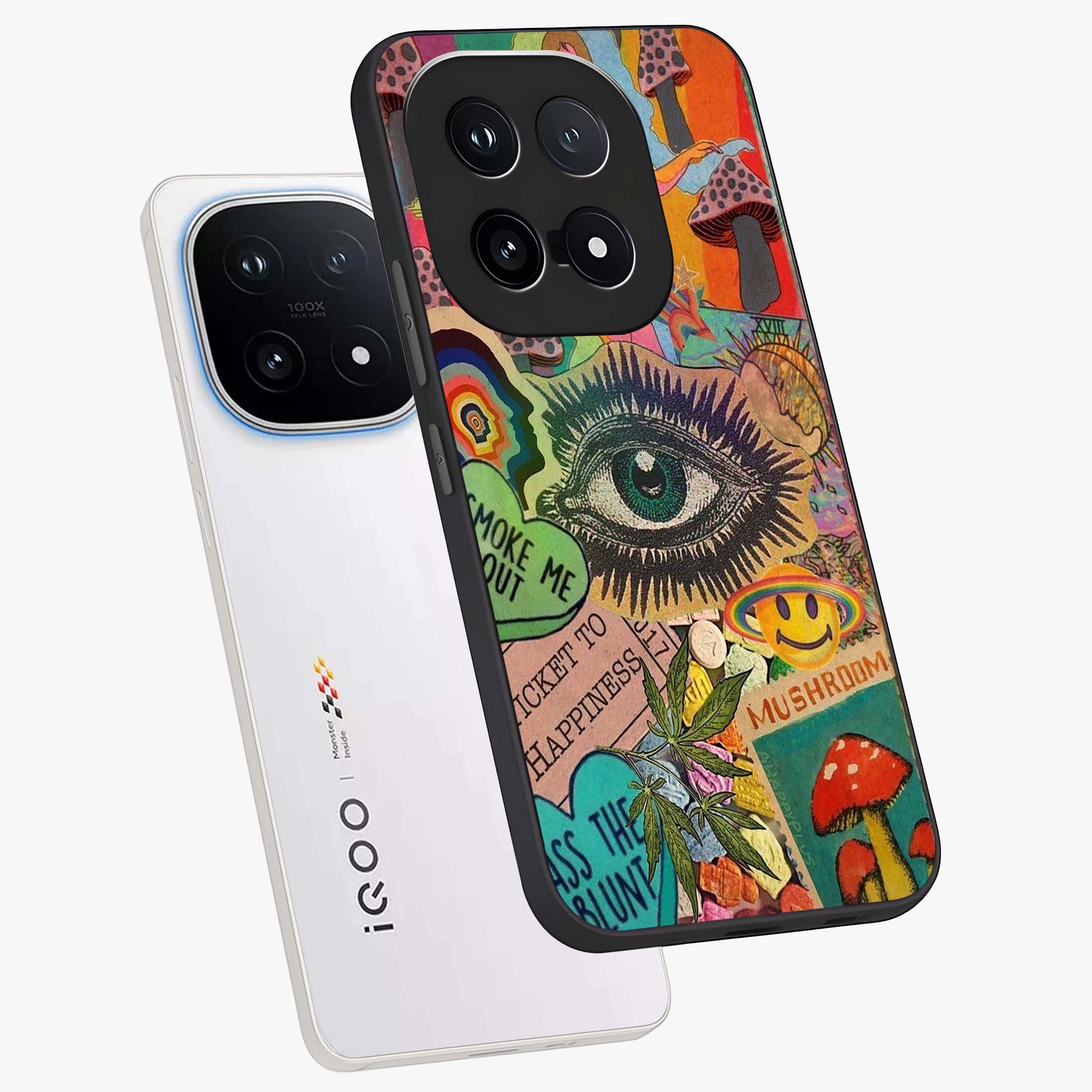 Mystic Eye Wonderland Glass Case displayed in angled mockup highlighting magical eye illustration with dreamy aesthetic.
