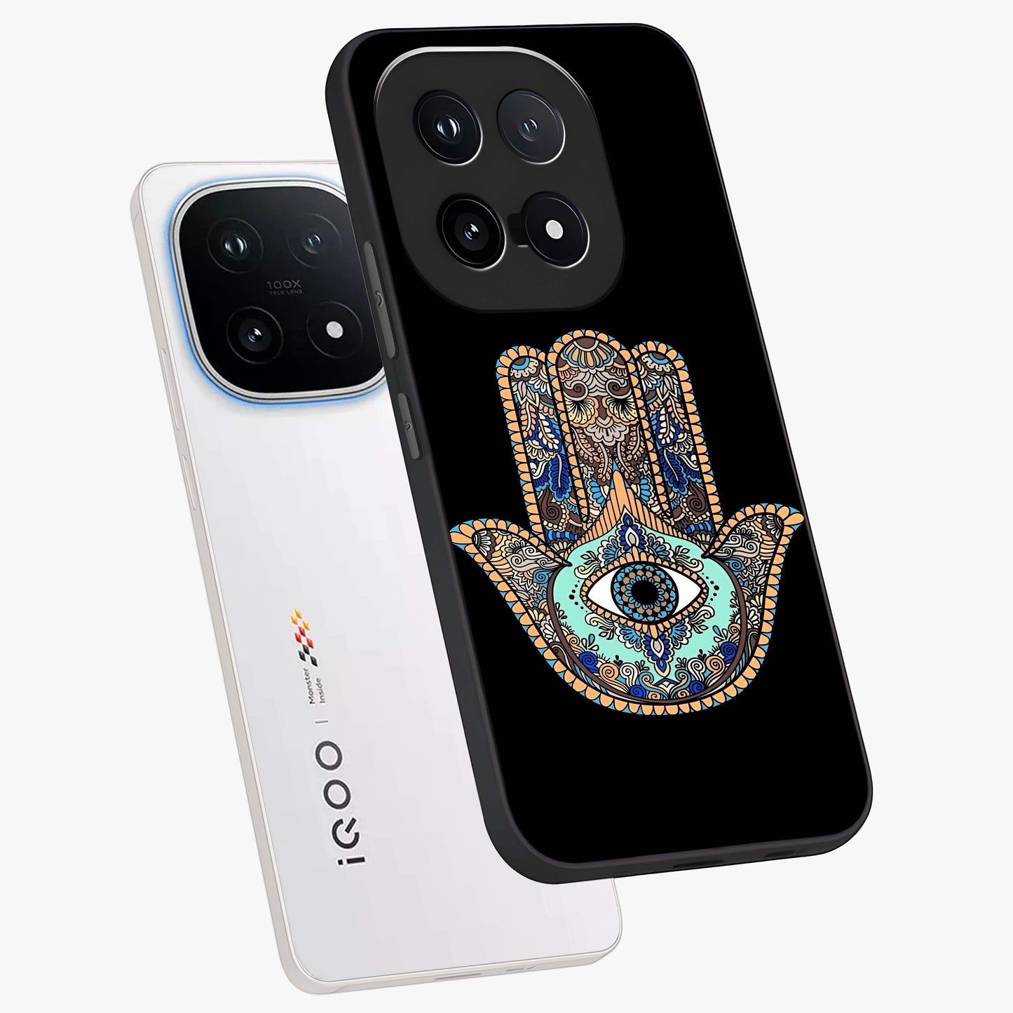 Mystic Hamsa Eye Glass Case displayed in angled mockup highlighting spiritual hamsa symbol with mystical aesthetic style.