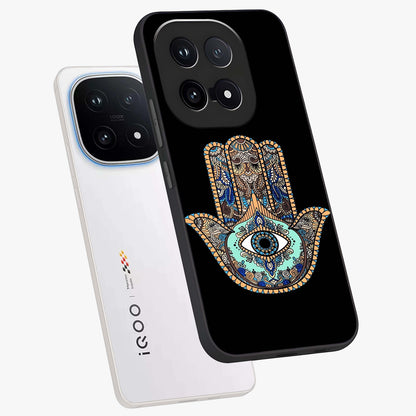 Mystic Hamsa Eye Glass Case displayed in angled mockup highlighting spiritual hamsa symbol with mystical aesthetic style.