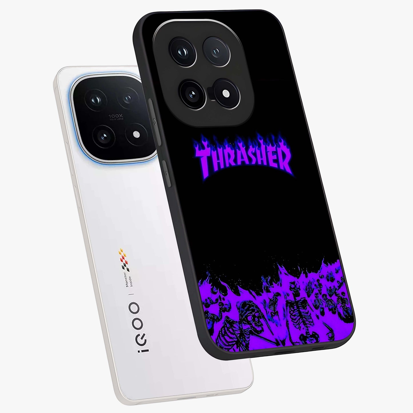 Neon Flame Riot Glass Case displayed in angled mockup highlighting glowing flame design with vibrant neon aesthetic.