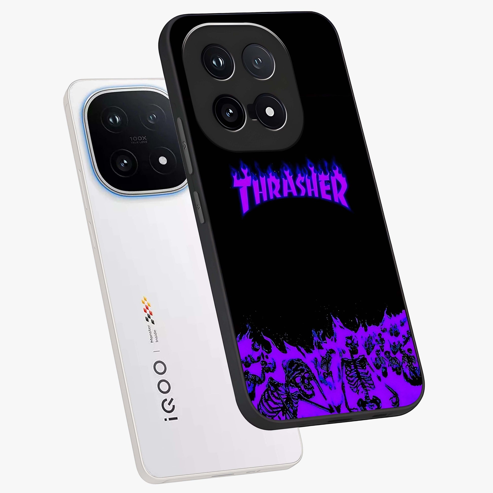 Neon Flame Riot Glass Case displayed in angled mockup highlighting glowing flame design with vibrant neon aesthetic.