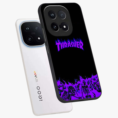 Neon Flame Riot Glass Case displayed in angled mockup highlighting glowing flame design with vibrant neon aesthetic.